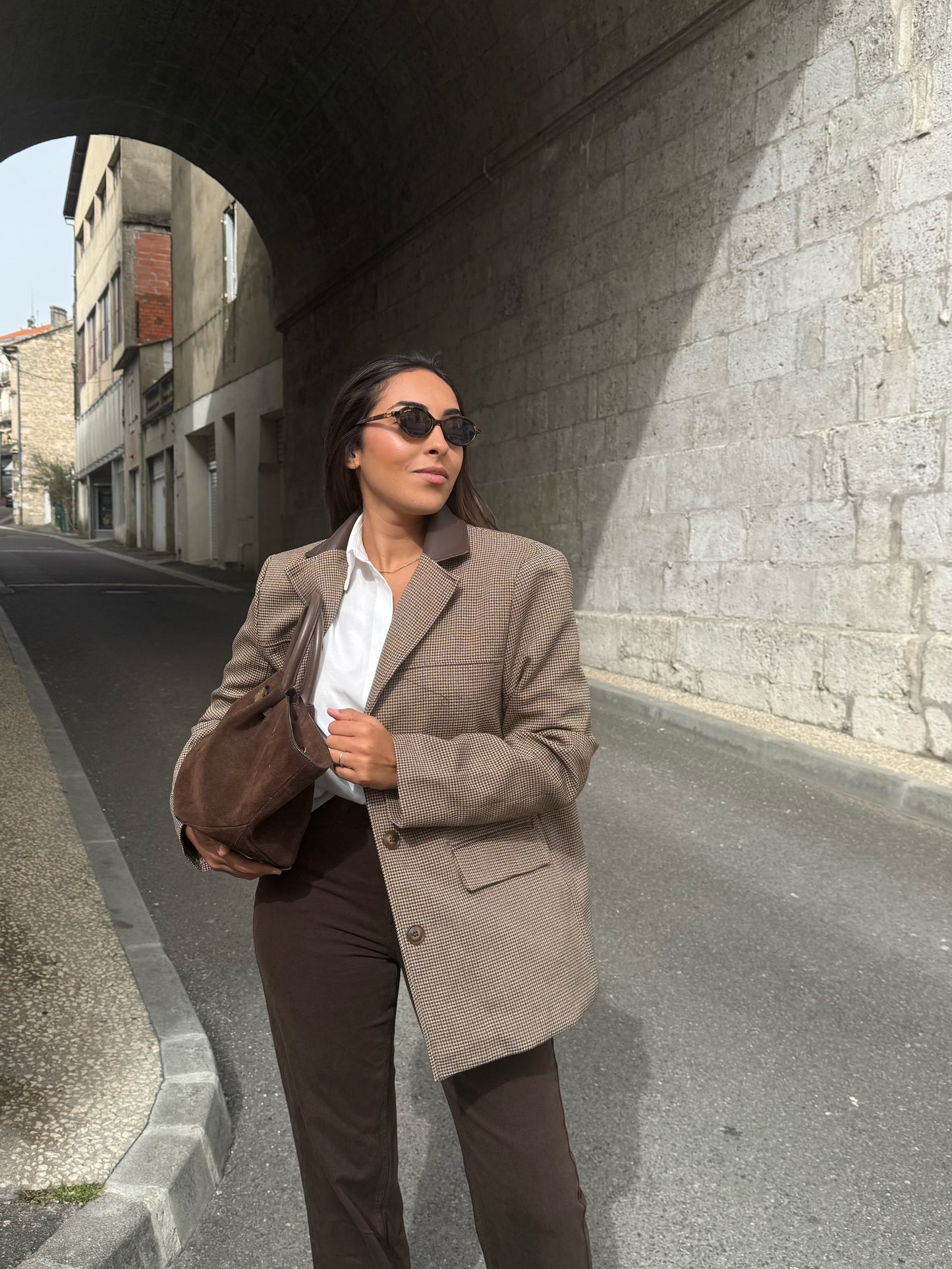 Blazer à carreau col cuir